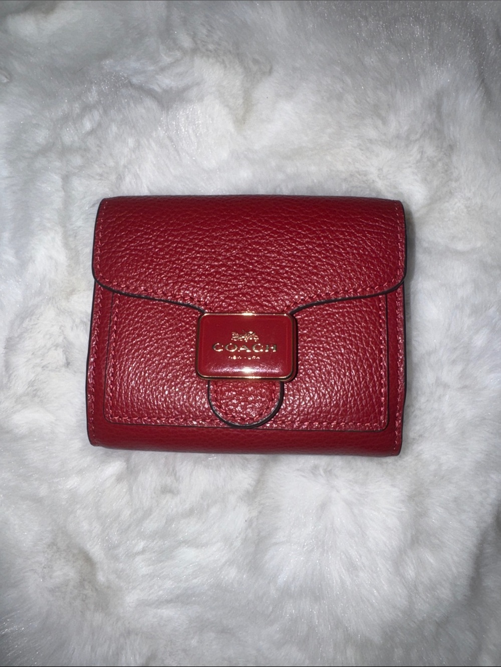 Coach Pepper Pebbled Leather Compact Wallet in Deep Red with Gold Hardware